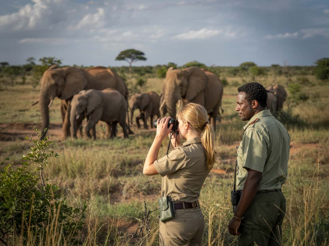Conservation rangers monitoring wildlife in a protected area