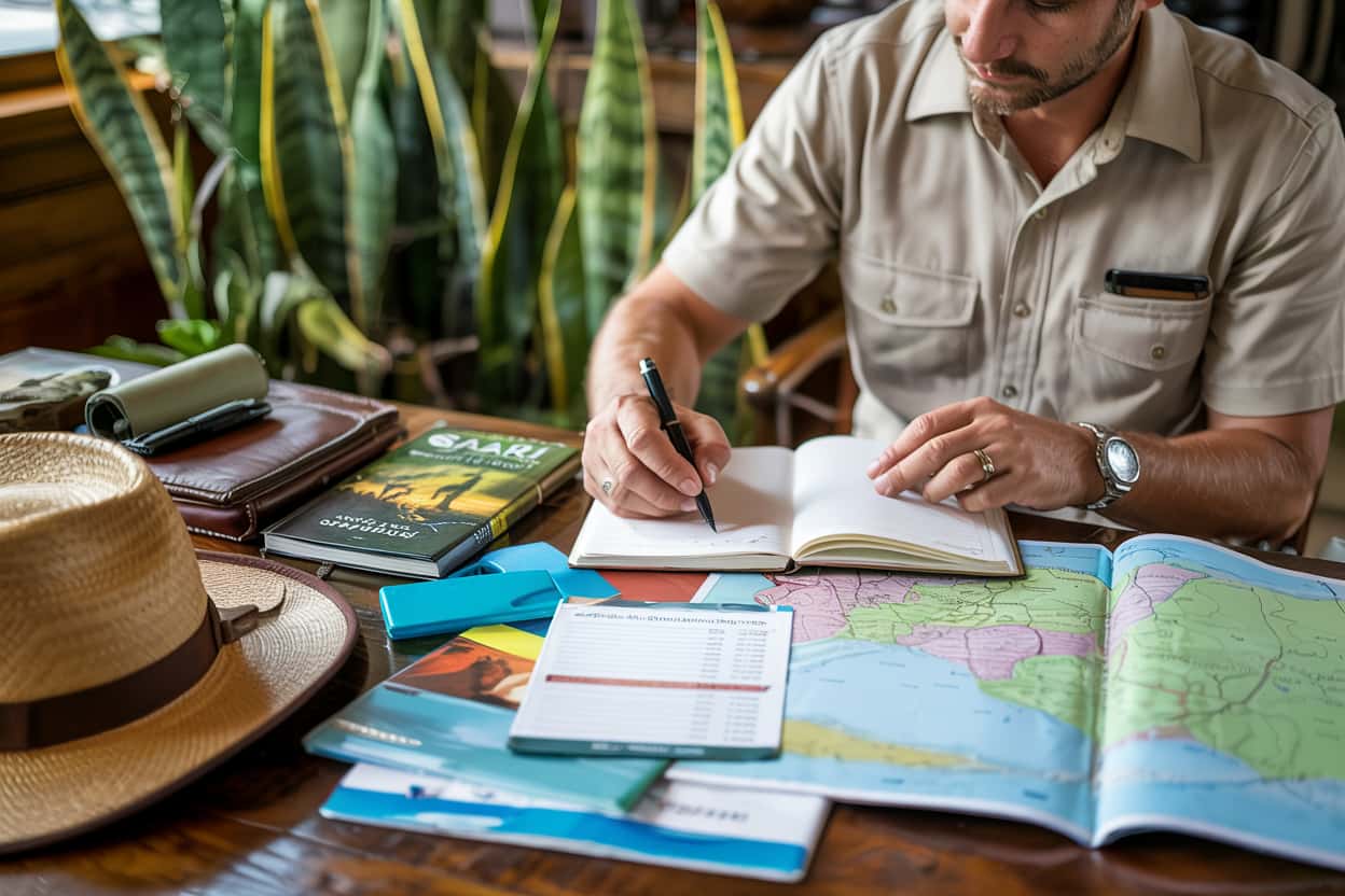 Budget safari traveler watching wildlife during green season
