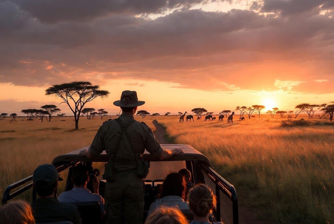 A safari guide briefing visitors at sunset, with giraffe and zebra at a safe distance