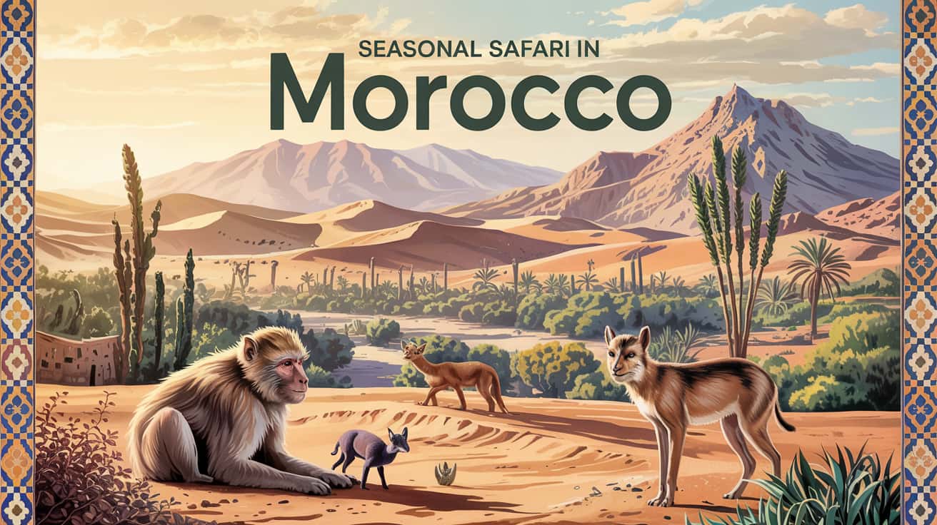 Sahara Desert landscape in Morocco with camels and sand dunes