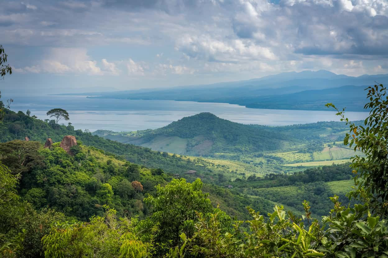 The lush forests of Mahale Mountains with Lake Tanganyika in the distance